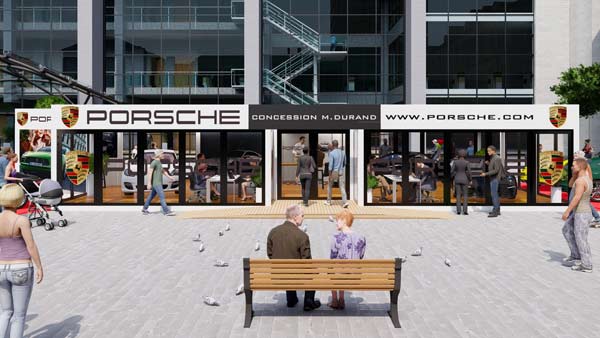 vue de face stand porsche espace popup